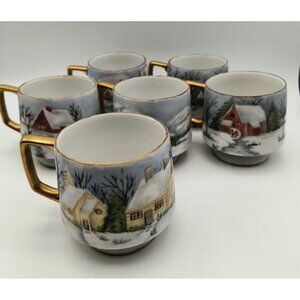 Vintage Hand Painted Footed Coffee Mugs With Golden Handles & Winter Scenes - Se